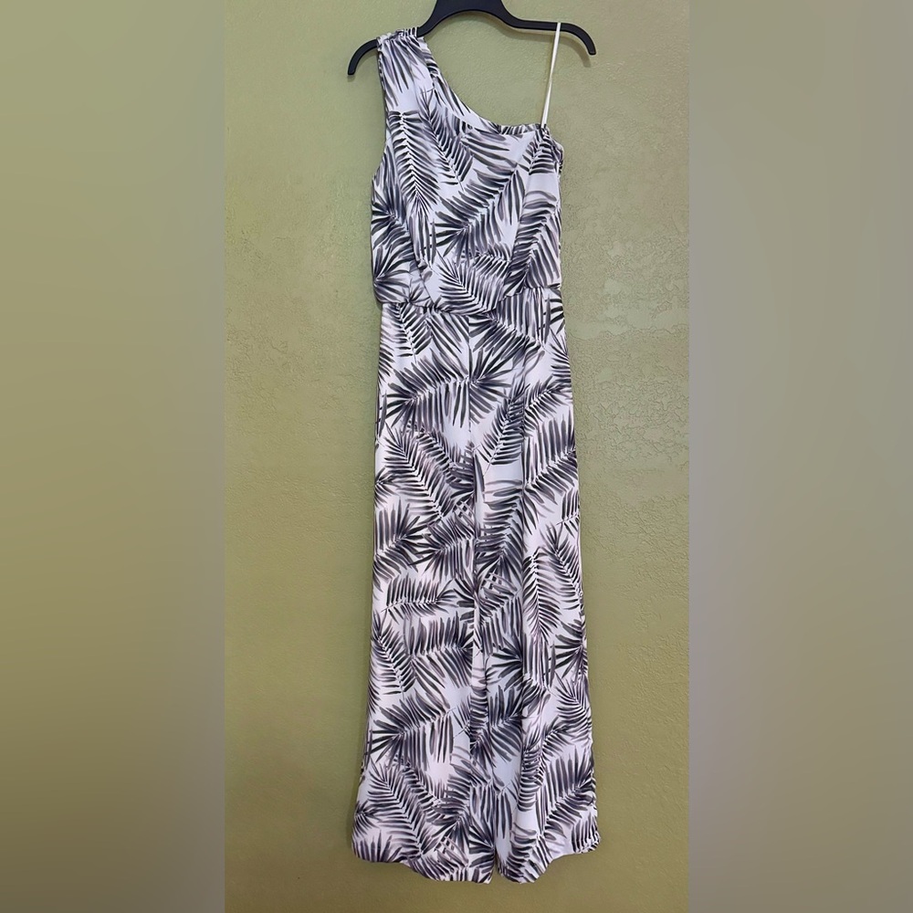 Sam Edelman Black and White Palm Print One-Shoulder Jumpsuit